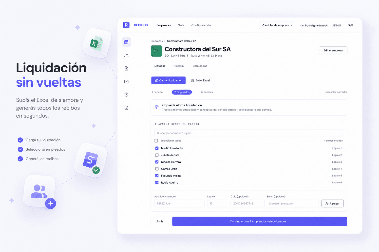 Pantalla de liquidación de Recibo de Sueldo con la selección de empleados a liquidar